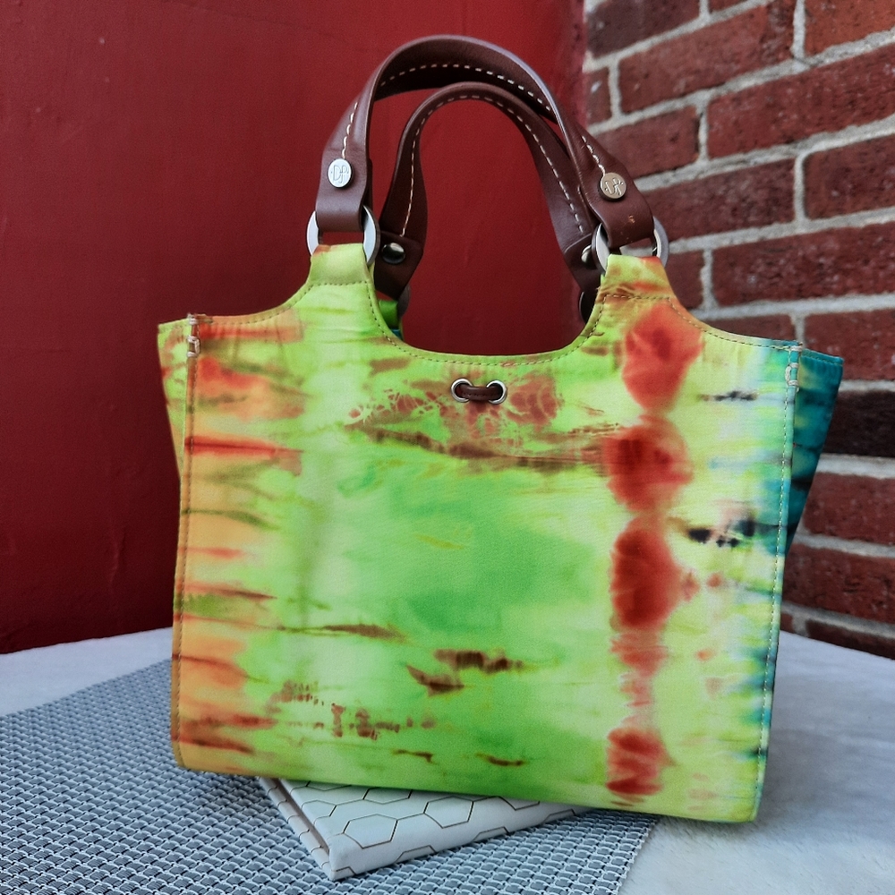 Donald Pliner Abstract Tie Dye Small Satchel Handbag Purse Rare Travel Wedding - Picture 5 of 12